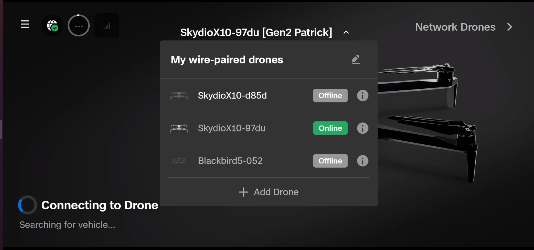 Screenshot showing the drone selection menu on the Gate screen