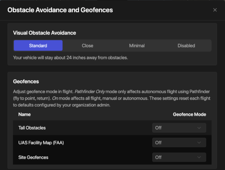 Screenshot of the Obstacle Avoidance Settings page showing Geofence Enforcement Mode selection