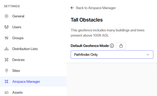 Screenshot showing the Airspace Manager in RFD, showing the Tall Obstacles geofence set to "Pathfinder Only"