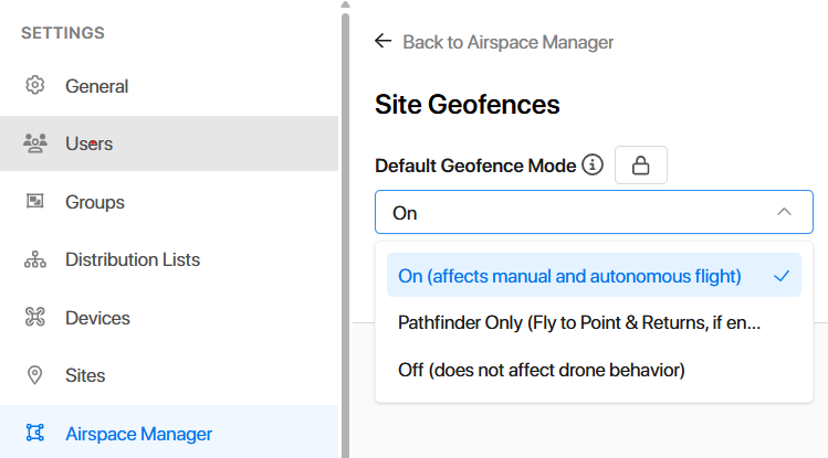 Screenshot showing the Airspace Manager in RFD, showing the Site geofence drop-down options"