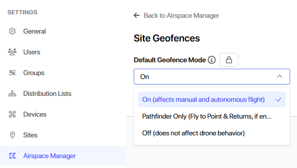 Screenshot showing the Airspace Manager in RFD, showing the Site geofence drop-down options