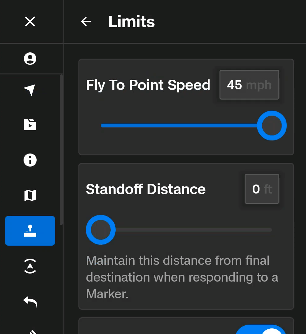 Screenshot of Limits settings controller screen Standoff Distance for Incident Response