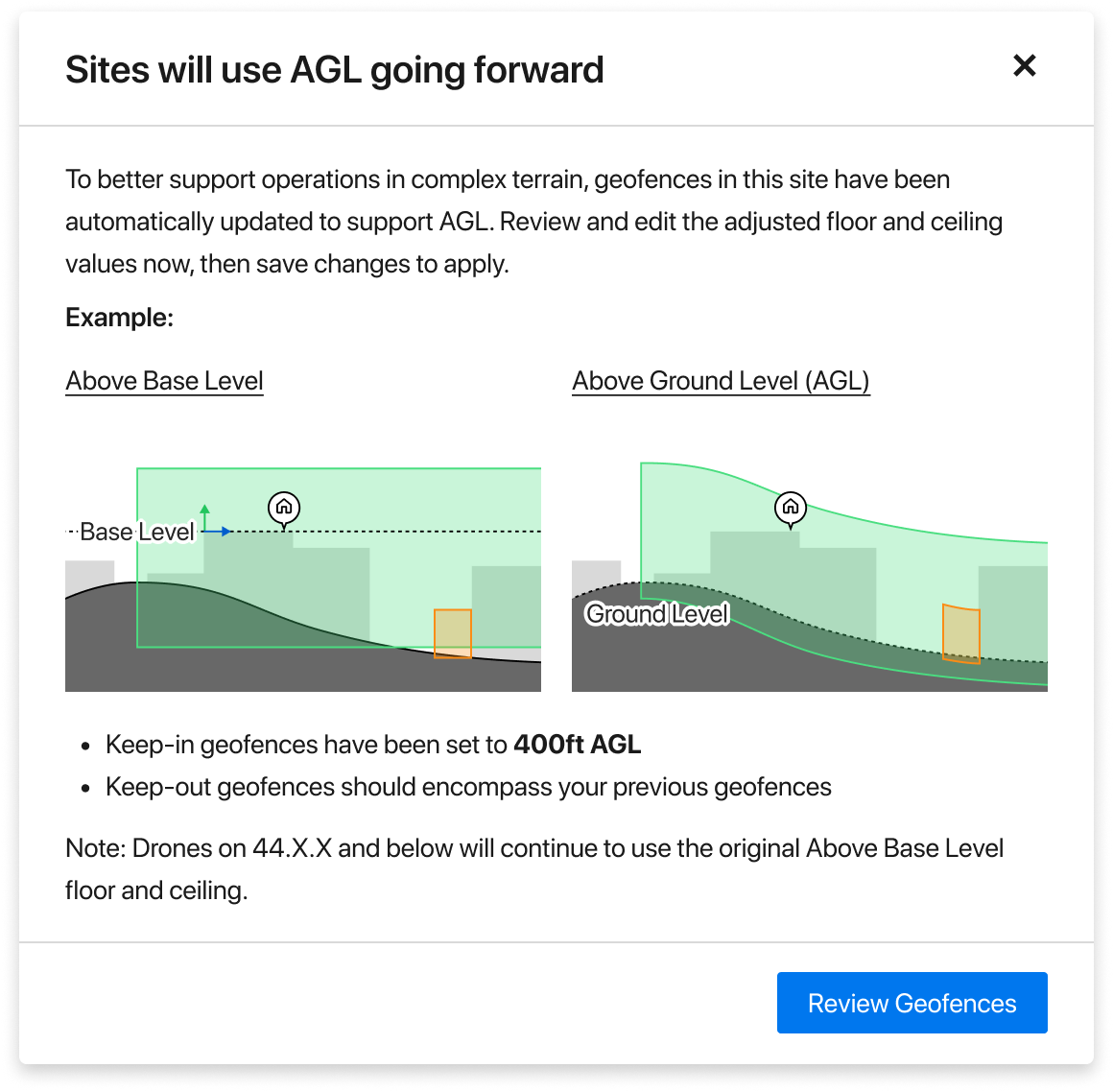 ジオフェンス制限のHAL基準からAGL基準への変更を管理者にお知らせするアラートダイアログ