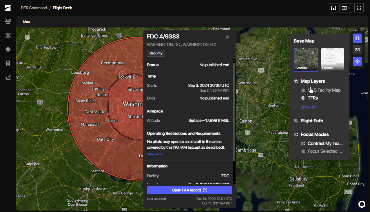 Remote Flight Deck Map view with TFR display setting controls